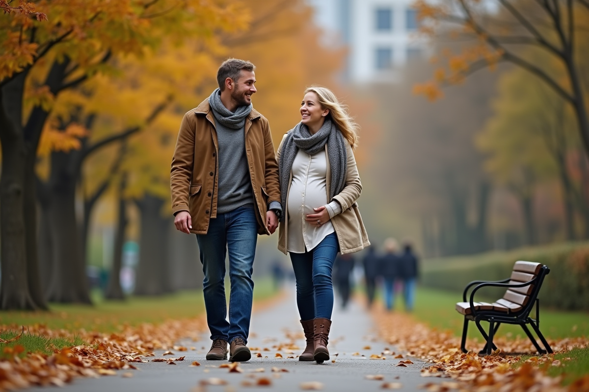 Couple enceinte se promenant dans un parc en automne