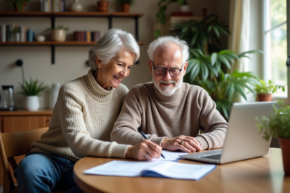 Couple senior actif examinant des documents financiers à la maison
