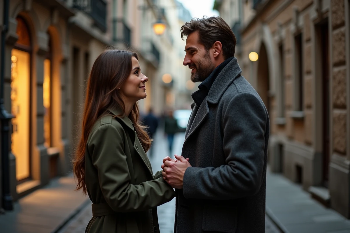Couple face à face dans une rue pavée en soirée, se tenant les mains avec une tension émotionnelle douce évoquant une relation en questionnement