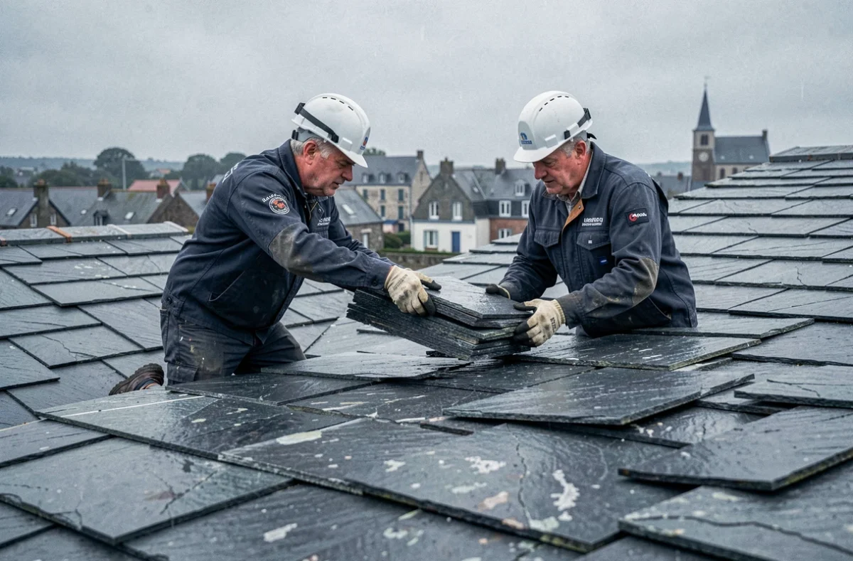 Deux couvreurs des Couvreurs De Bretagne travaillant ensemble sur un grand toit en ardoise commerciale