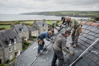 Équipe de couvreurs professionnels posant des ardoises sur un toit traditionnel breton dans le Finistère