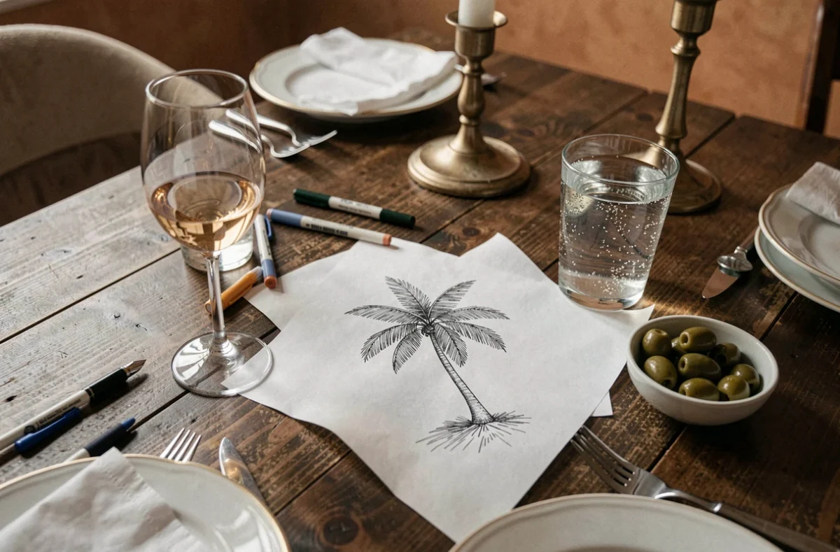 Vue aérienne d'un croquis de palmier tracé sur une serviette lors d'un dîner pour illustrer la règle alcool