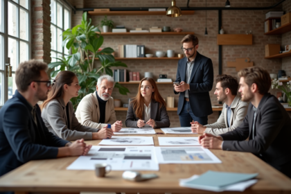 Groupe de designers français en discussion dans un studio parisien