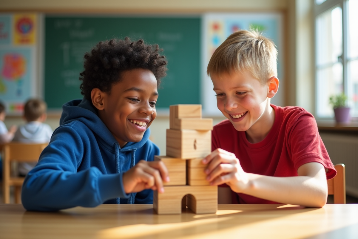 Deux garçons construisent une tour en bois dans une classe lumineuse