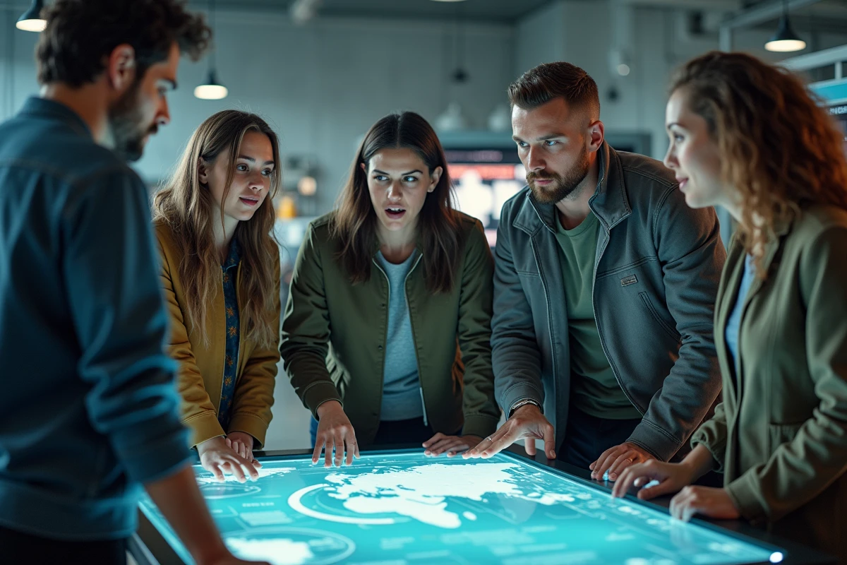Groupe de jeunes discutant autour d une carte holographique