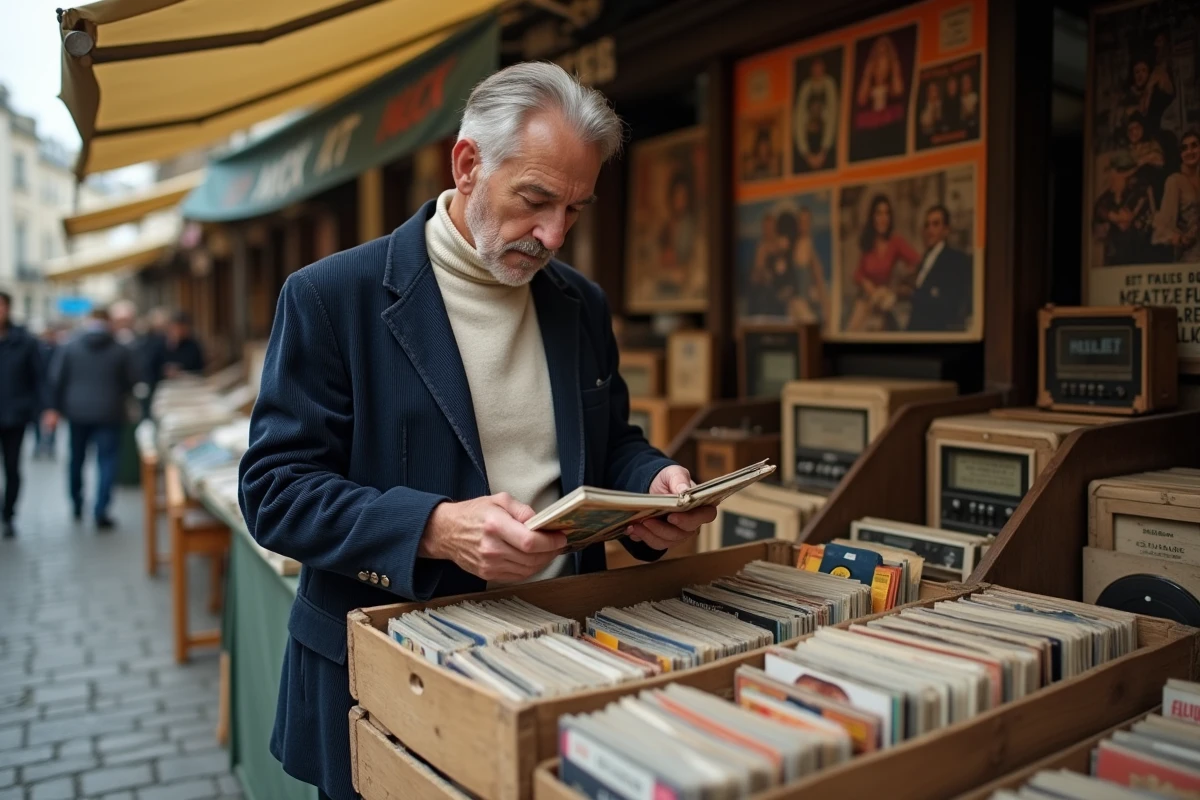 Homme parcourant des disques 45 tours vinyles des années 60 dans un marché aux puces parisien, atmosphère vintage et authentique