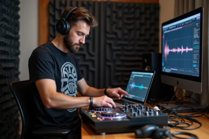 Jeune DJ masculin ajustant un ordinateur en studio