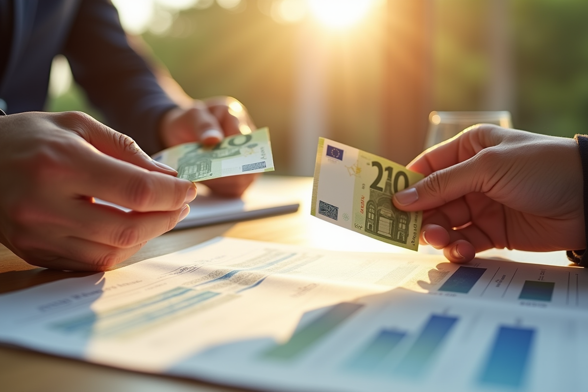 Deux mains échangeant des billets euros et document financier