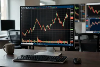 Écran de bourse affichant un graphique de cours en baisse