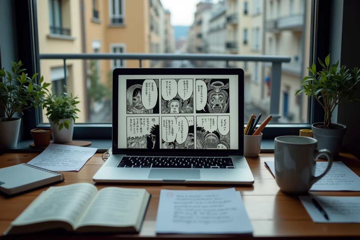 Écran d'ordinateur affichant un chapitre de manga One Piece sur un bureau encombré avec des notes manuscrites en français