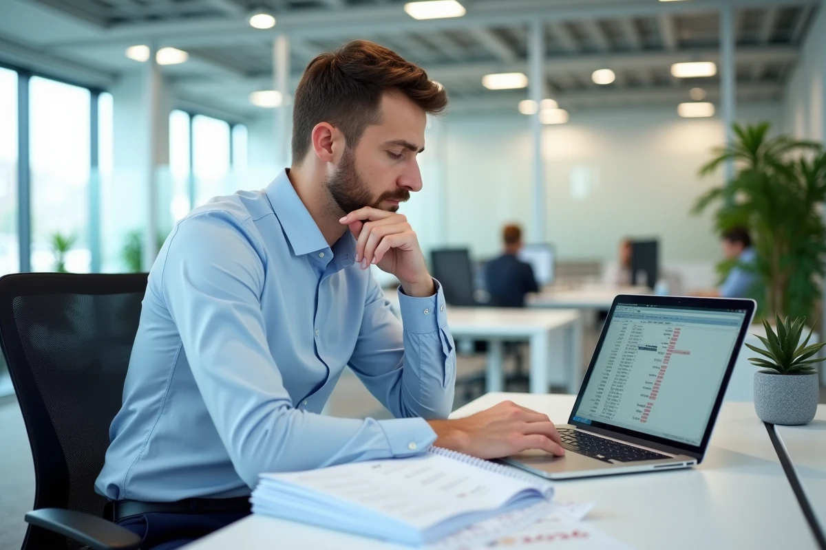 Employé de bureau calculant ses primes de jours fériés 2026 sur un tableur dans un open space