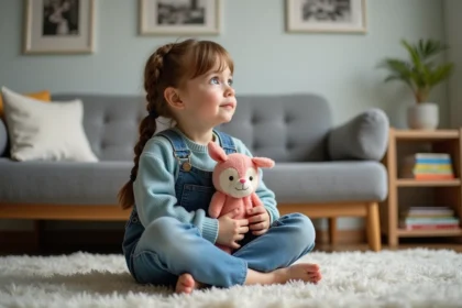 Petite fille curieuse avec jouet coloré dans un salon chaleureux