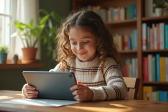 Jeune fille concentrée jouant à un jeu de mots en français sur une tablette à son bureau à la maison