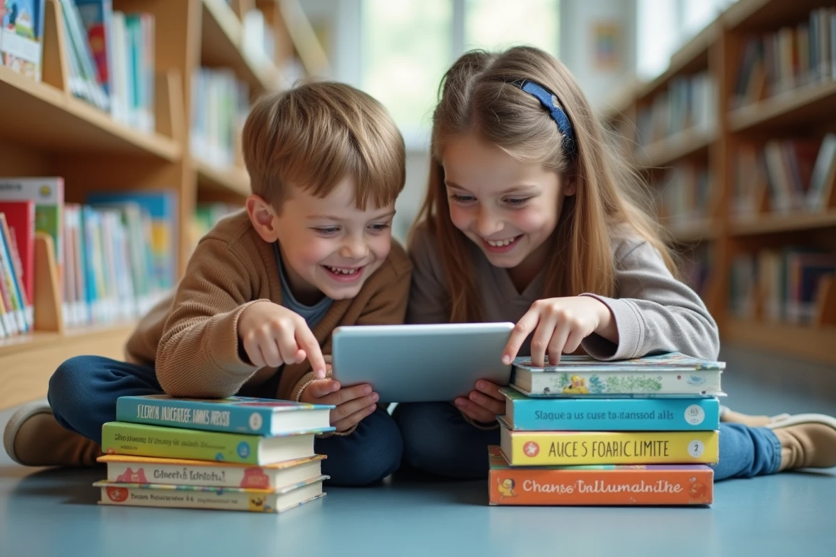 Deux enfants découvrant ensemble un jeu éducatif de mots en français dans une bibliothèque scolaire
