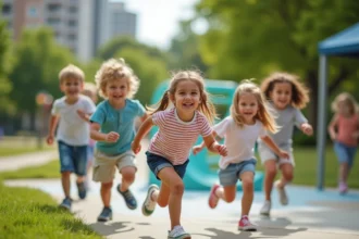 Enfants jouant dans un parc urbain en été