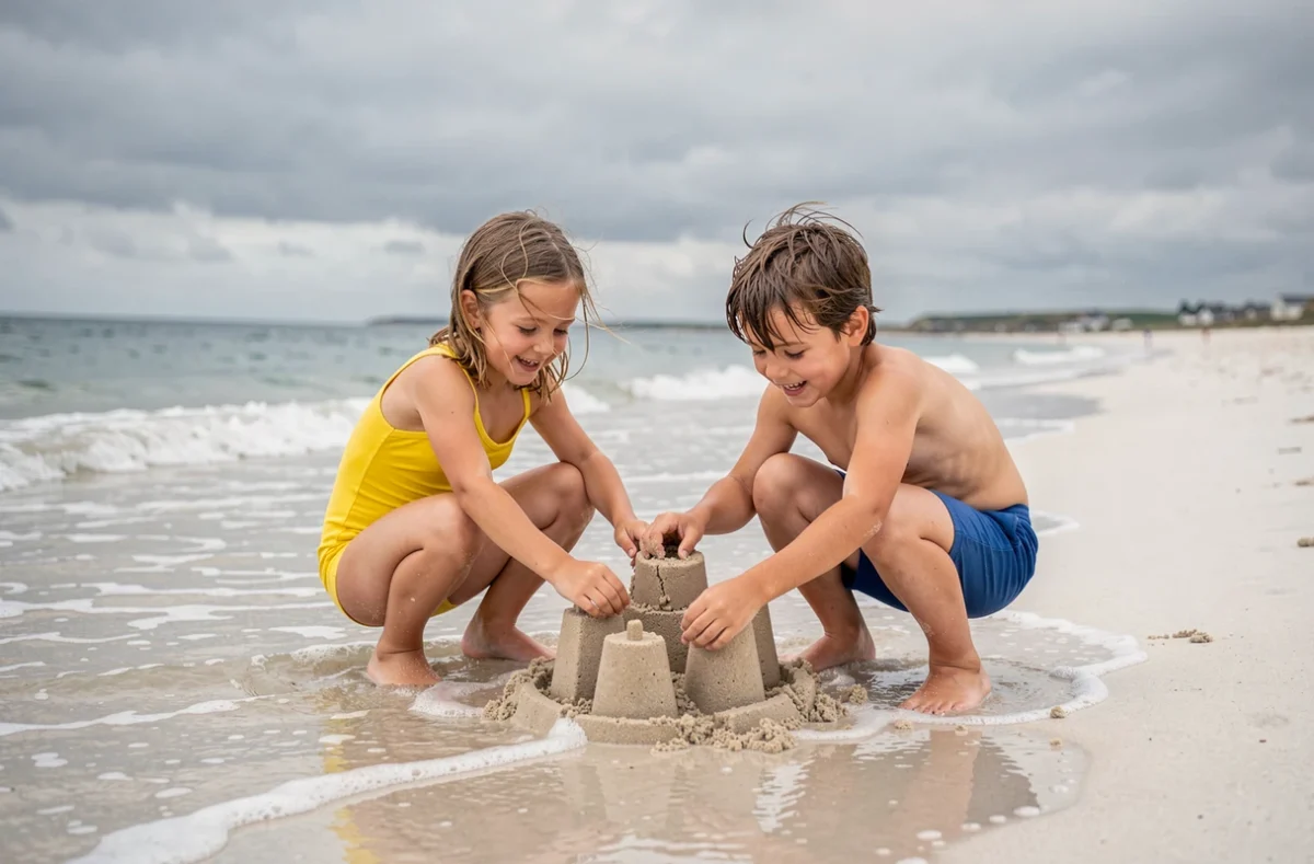 Enfants jouant sur la plage des Sables Blancs à Concarneau par temps breton
