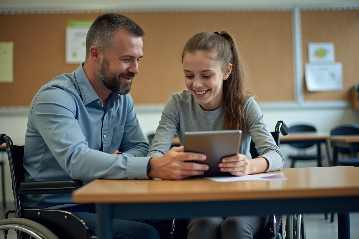 Professeur aidant une adolescente en fauteuil roulant