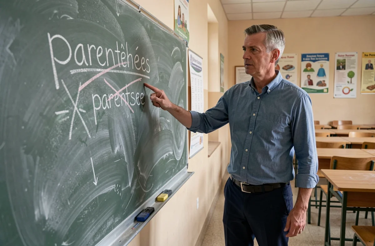 Enseignant pointant une correction grammaticale au tableau noir dans une salle de classe, illustrant la faute courante 'parentses'
