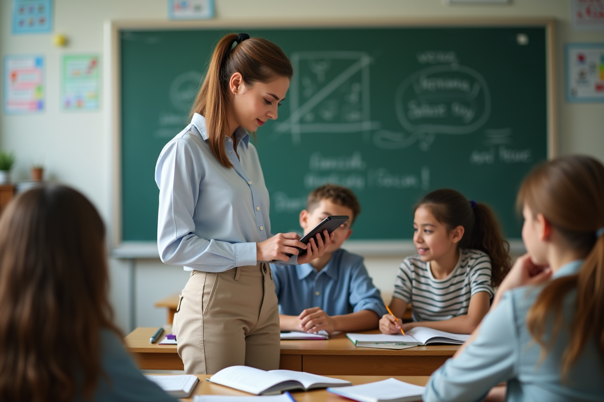 Professeure aide des élèves avec une tablette en classe