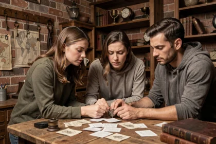 Groupe d'adultes concentrés en train de résoudre des énigmes dans une salle d'escape game en Moselle