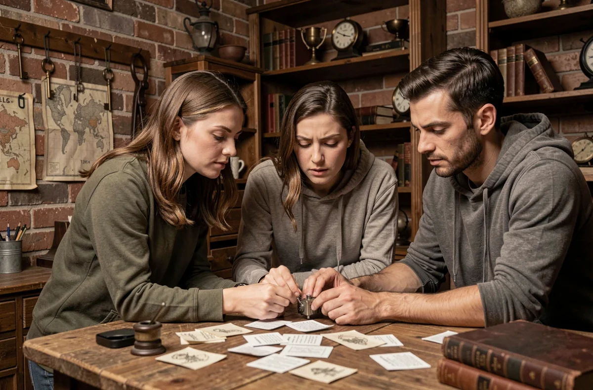 Groupe d'adultes concentrés en train de résoudre des énigmes dans une salle d'escape game en Moselle