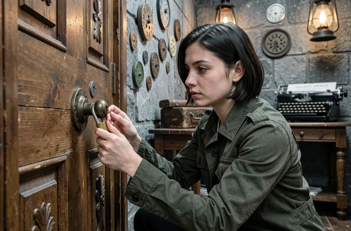 Joueuse d'escape game examinant un cadenas vintage dans une salle immersive en Moselle