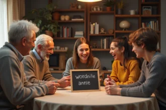 Famille multigénérationnelle jouant au jeu du pendu autour d'une table en bois avec un tableau ardoise