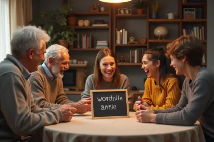 Famille multigénérationnelle jouant au jeu du pendu autour d'une table en bois avec un tableau ardoise