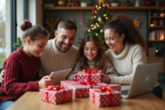 Famille joyeuse autour d'une table de Noël décorée