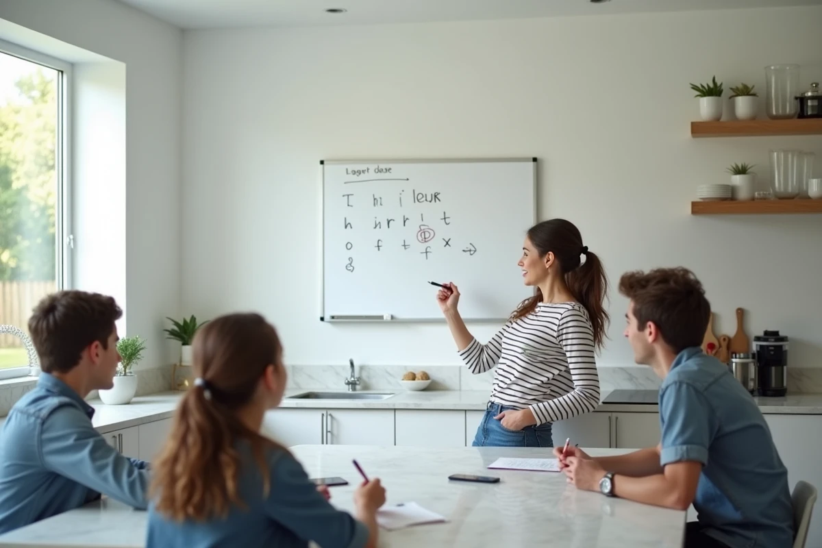 Famille jouant au pendu sur un tableau blanc dans une cuisine moderne lors d'une soirée de jeux
