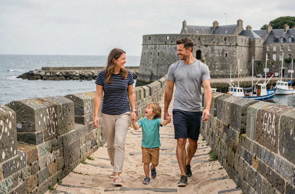 Famille avec enfants se promenant sur les remparts de la ville close de Concarneau en Bretagne