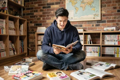 Fan de manga lisant le scan One Piece 1127 entouré de volumes de manga dans un appartement urbain