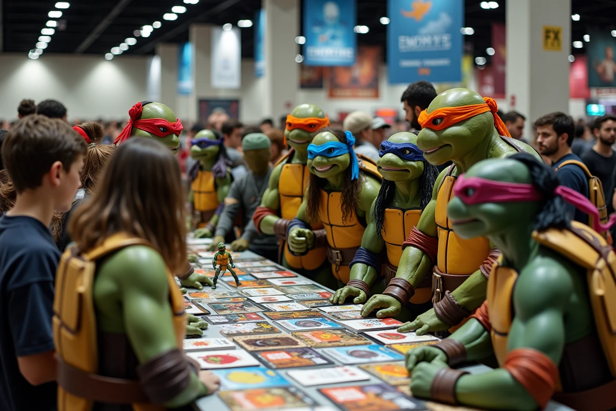 Groupe de fans en costumes TMNT autour d une table de collection