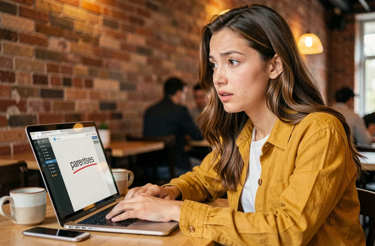 Jeune femme remarquant la faute orthographique 'parentses' soulignée en rouge sur son ordinateur portable dans un café