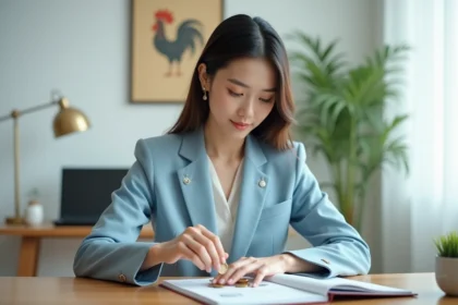 Femme en costume bleu comptant des pièces chinoises dans un bureau