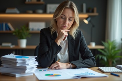 Femme d affaires analysant des graphiques en pie
