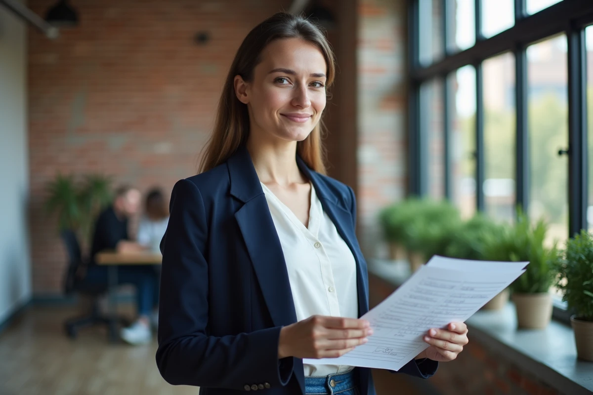 Jeune femme professionnelle analysant un questionnaire d'orientation politique force republicaine dans un espace de coworking