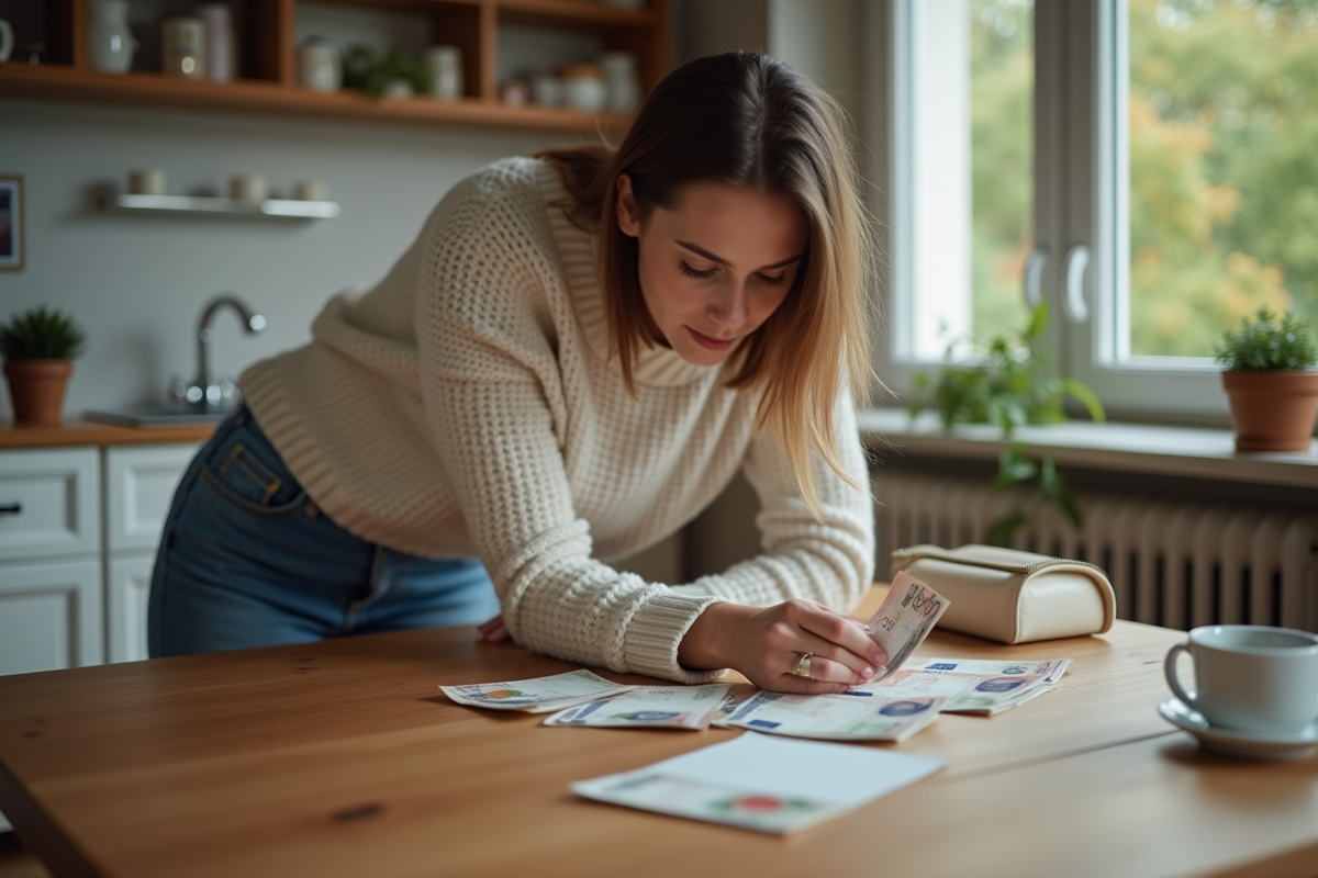 Femme déposant des billets dans son sac à la maison