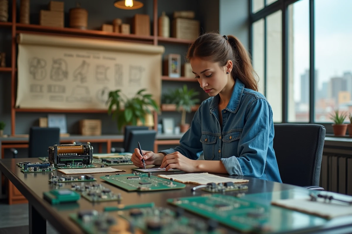 Jeune femme en tenue de travail assembleant des circuits électroniques