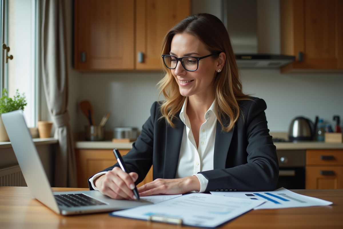 Femme étudie documents financiers à la maison