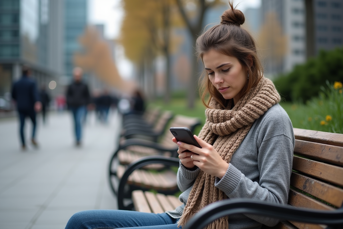 Femme assise sur un banc de parc en ville regardant son smartphone