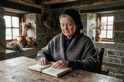 Femme bretonne en coiffe traditionnelle tenant un carnet de gwers manuscrit dans une ferme en pierre de Bretagne