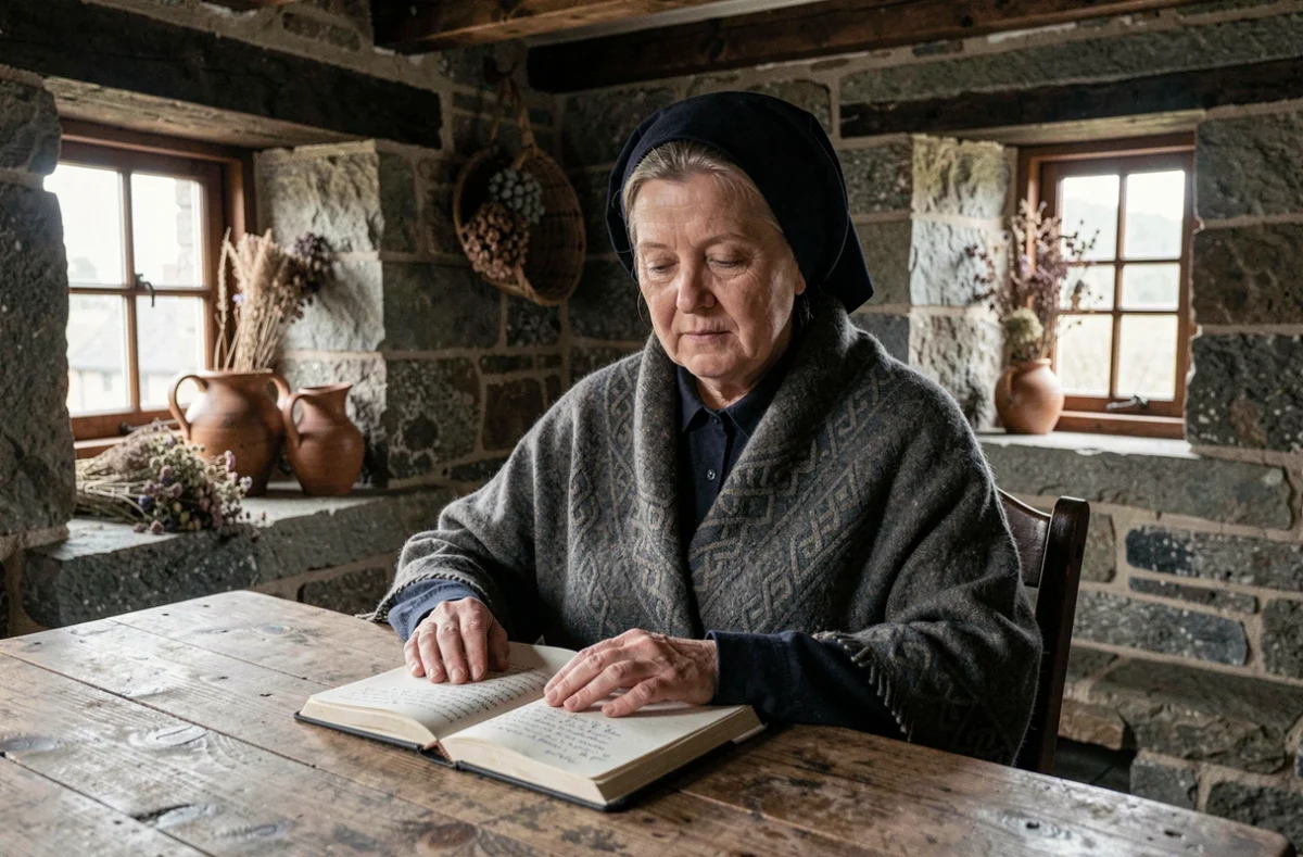 Femme bretonne en coiffe traditionnelle tenant un carnet de gwers manuscrit dans une ferme en pierre de Bretagne