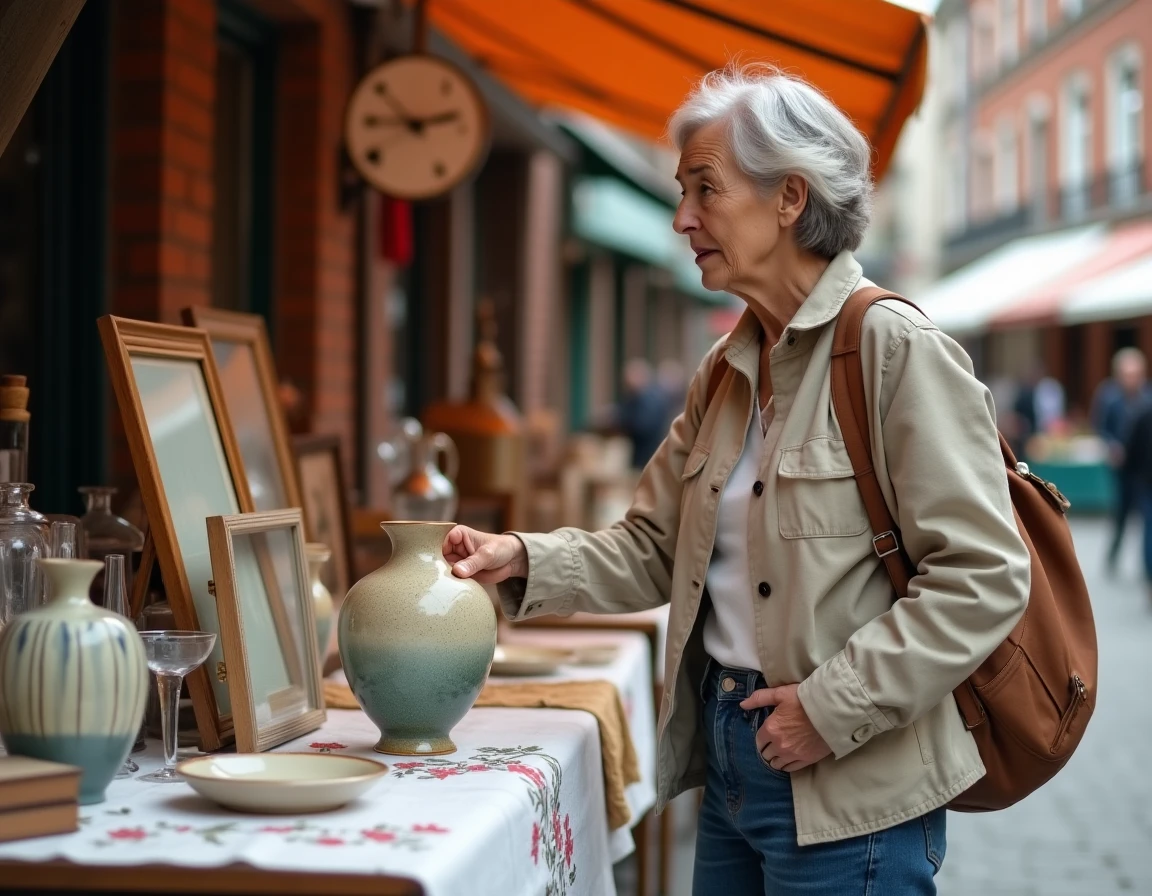 Femme examinant une vase en céramique vintage sur un étal de braderie dans le Nord avec objets de brocante en arrière-plan