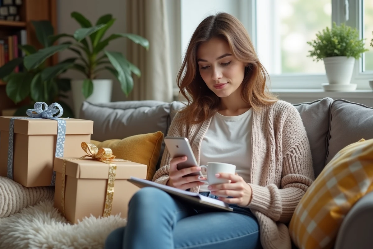 Femme en cardigan avec cadeaux et mug dans le salon