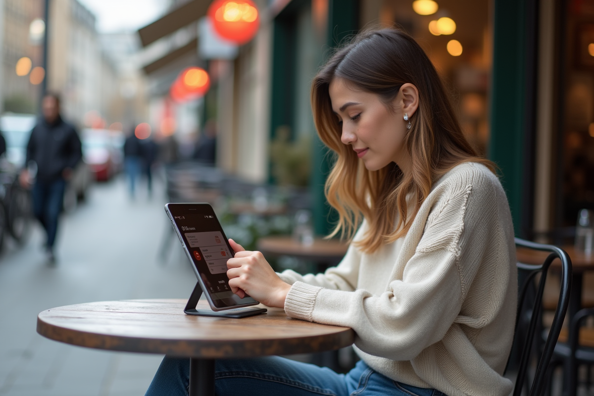 Femme au café utilisant une tablette en milieu urbain