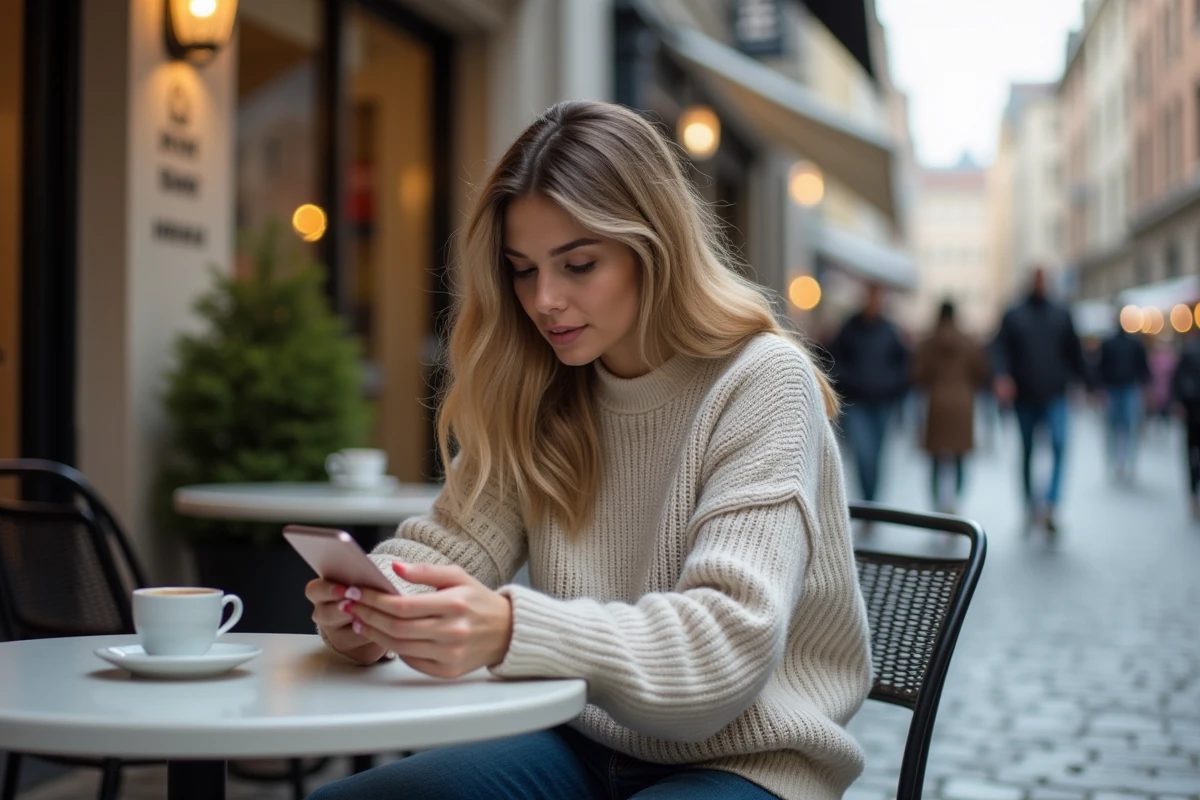 Jeune femme au café urbain utilisant son smartphone en extérieur