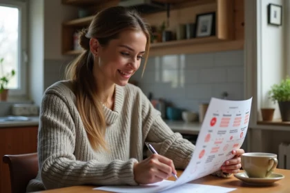 Femme consultant un calendrier 2026 avec les jours fériés marqués, assise dans une cuisine française