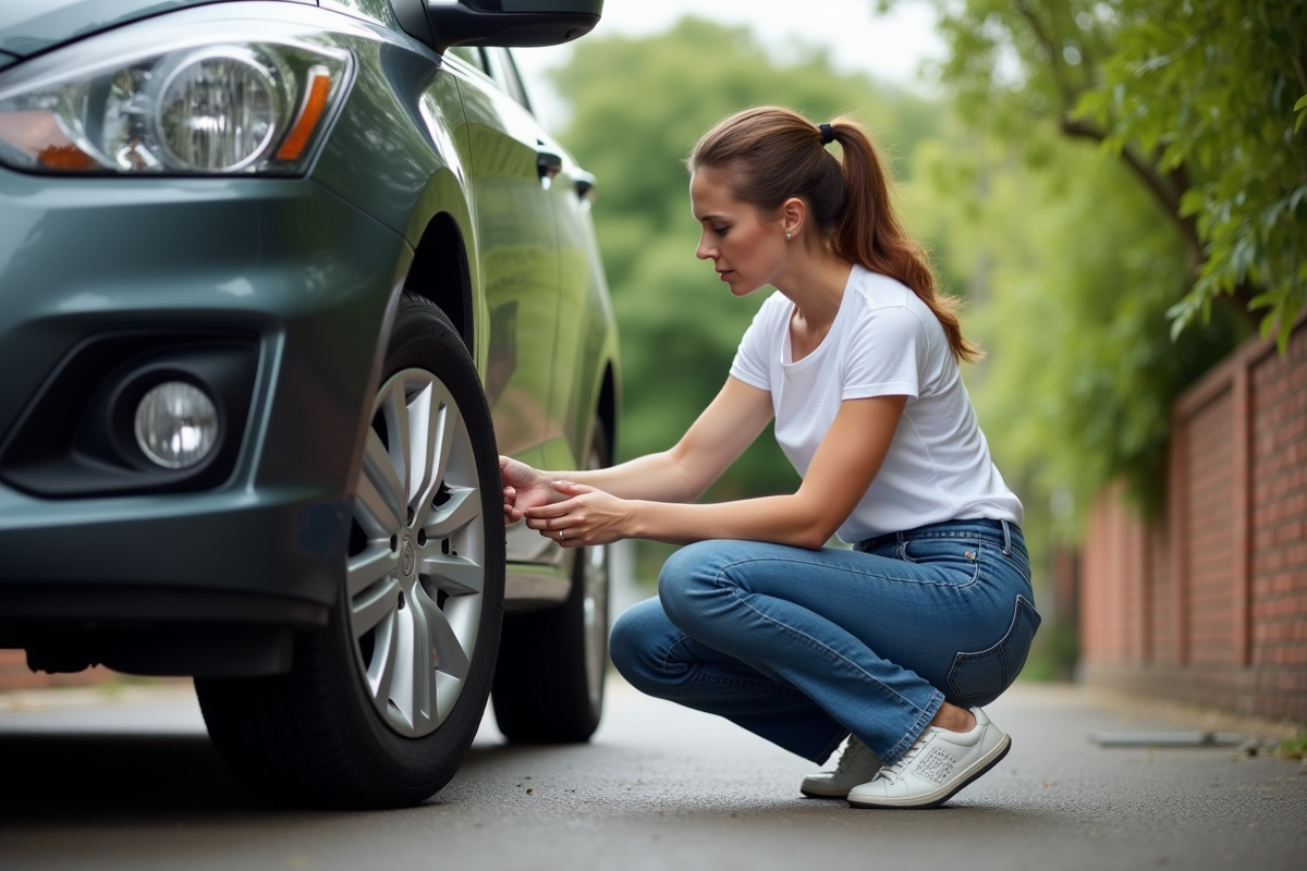 Femme changeant une roue de voiture dans une cour urbaine