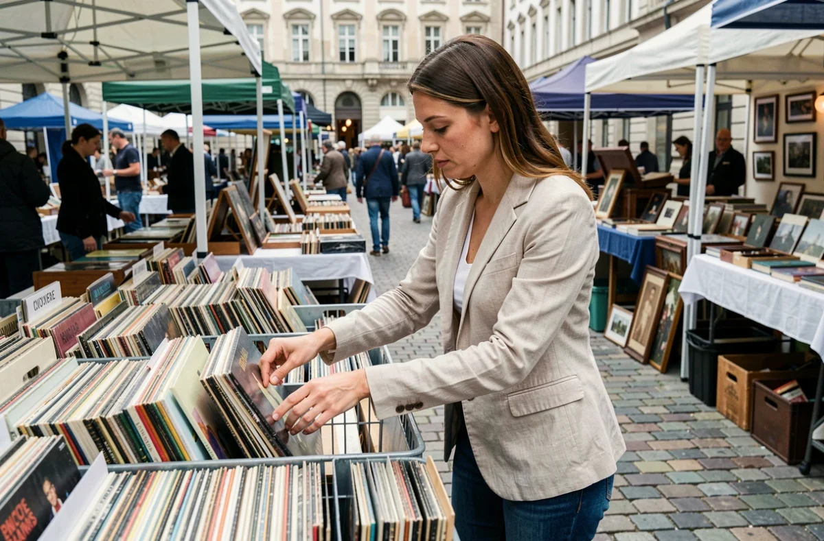 Femme collectionnant des disques vinyles en parcourant les bacs d'un marché aux puces en plein air pavé